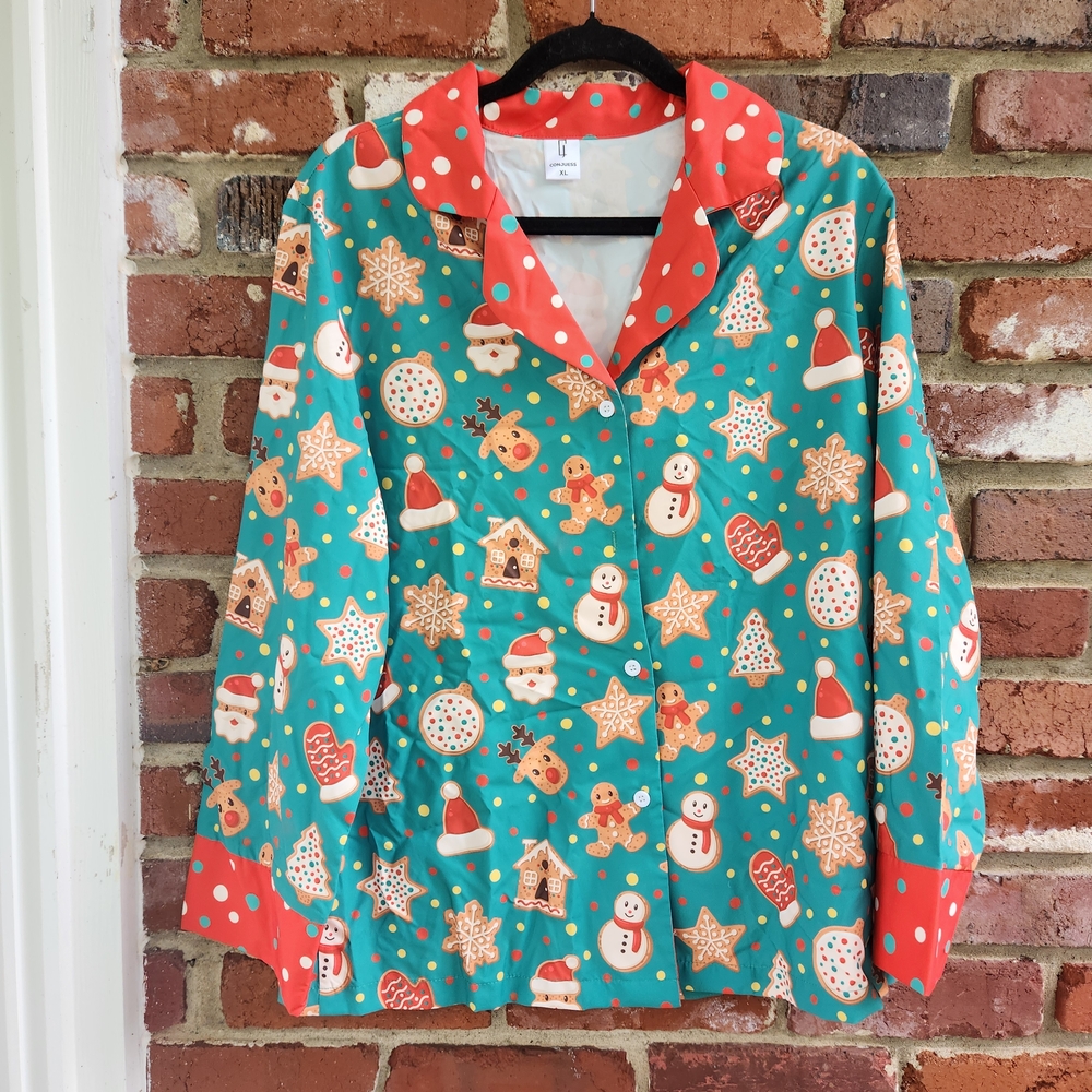 Christmas Holiday Women Sz Xl Pajama Set Elastic Pants With Button Up Shirt Soft
